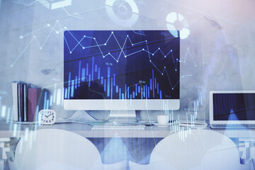 Multi exposure of stock market chart drawing and office interior background. Concept of financial analysis.