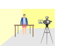 A Man Wearing A Suit And Shorts. Home Working Concept