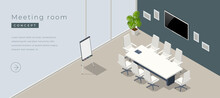 Isometric Modern Meeting Room Interior With Empty Poster On Concrete Wall, Equipment.