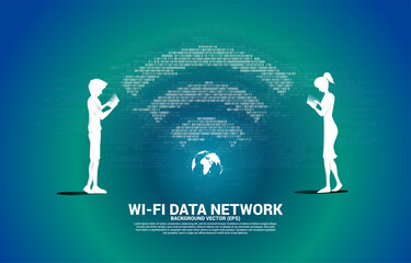 Poster - Silhouette man and woman with mobile phone and wi-fi network icon. Concept for mobile telecommunication global network.