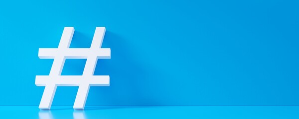 White hashtag symbol in blue room with reflective floor, marketing, social media or communication concept with copy space