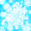 Blue winter pattern with traditional elements. Luxury Christmas texture, frozen snowflakes. Boho textile background, bokeh backdrop