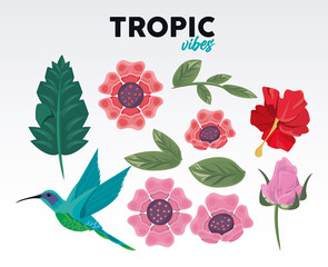 Sticker - tropic vibes quote and set flowers and bird