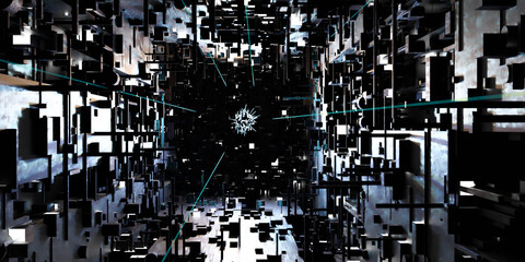 Poster - glowing ball with abstract technology computer hardware surce 3d render illustration