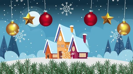 Poster - happy merry christmas card with houses and balls hanging