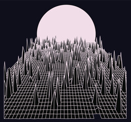 Poster - Synthwave landscape with infinite laser grid. Retro 80's and 90's style aesthetics.