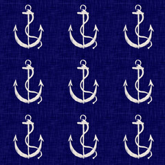 Nautical navy blue anchor on cream linen texture background. Summer coastal living style home decor tile. Maritime wave cloth material. Modern mariner natural textile seamless pattern.

