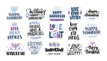 Wall Mural - Hanukkah vector celebration typography. Traditional Jewish holiday phrases collection. Love, light, latkes quote. Chanukah wishes isolated on white. Handwritten Hanuka festive lettering