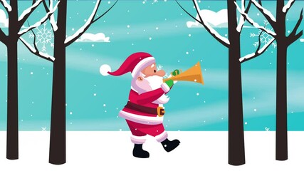 Sticker - happy merry christmas card with santa playing trumpet