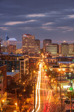 Car Light Trails In Main Street Of Downtown Richmond Virginia, From Atop Libby Hill Park