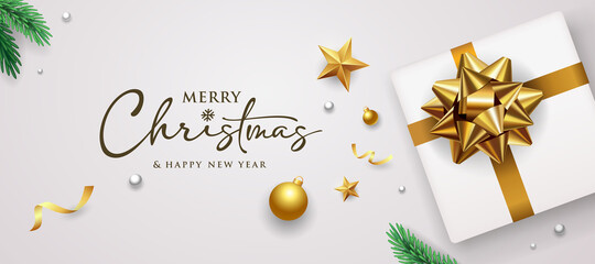 Wall Mural - Merry Christmas and happy new year gold bow ribbon gift box banners design on white background, Eps 10 vector illustration