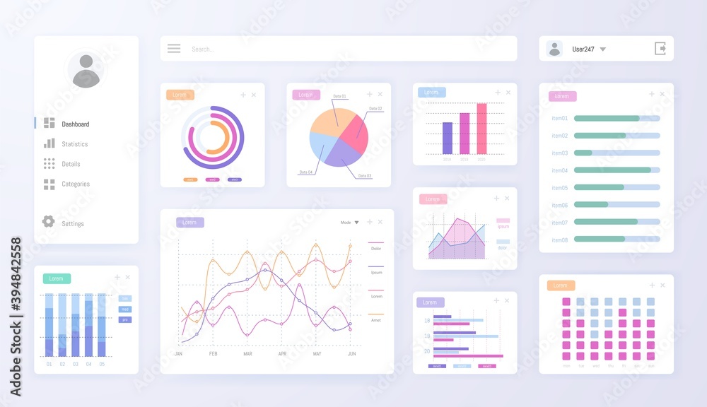 Digital dashboard admin panel with graph, chart diagram set. User ...