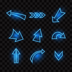 Wall Mural - Set of blue neon arrows, isolated vector illustration.