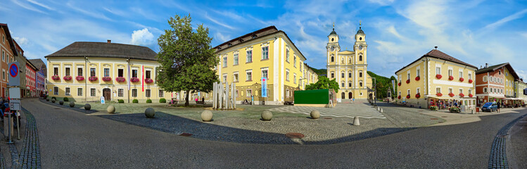 Wall Mural - Panorama view of beautiful and colourful village Mondsee in Austria