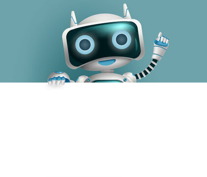 Robot character vector background design. Robotic 3d character holding empty white board with space for text and messages for presentation design. Vector illustration.