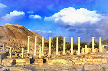 Ruins Of Ancient City Of Scythopolis Colorful Painting Looks Like Picture, Beit Shean, Israel.