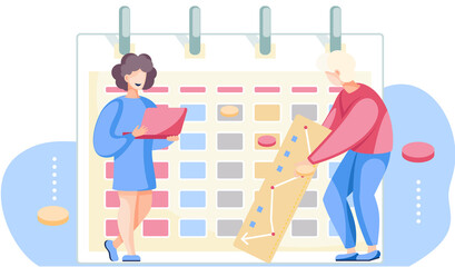 Fototapete - Guy holding a sign with a picture of the graph. Girl is standing with a laptop in her hands and working. Couple is communicating and spending time together at home. Timetable or calendar on background