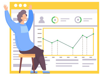 Poster - Office work management vector illustration. Statistical chart in background. Man happily raises his hands up. Work with statistics indicators and data analysis. The guy studies the scheme and rejoices