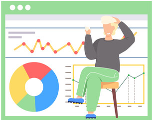 Fototapete - Smiling guy sits with cards in his hands. Work with financial statistics and anatytics. Man thinking about the next move. Office work management. Data analysis concept. Pie chart in the background