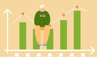 Fototapete - Guy with gamepad in his hands sits on a bar graph column. Office work management. Data analysis concept. Statistical graph in background. Statistics and business anatytics. Man playing with a joystick