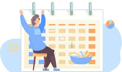 Fototapete - Man happily raising his hands up. Timetable or calendar on the background. The guy is happy with a plate of sweets. Male character is sitting on a chair and looking at a pie chart on the wall