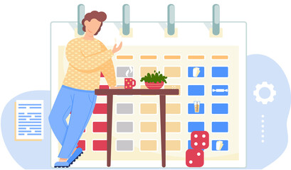 Fototapete - Serious guy standing with cards in his hands. Man thinks over the next move. Office work management. Timetable or a calendar on the background. Male character drinking tea. Cubes on the floor