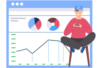 Fototapete - Guy with gamepad in his hands. Office work management. Data analysis concept. Poster with calculations and growing graph on background. Statistics and business anatytics. Man playing with a joystick