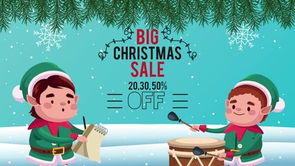 Sticker - happy merry christmas sale card with elfs playing instruments in the snowscape