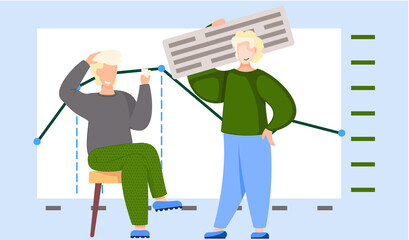 Fototapete - Guy holding sign with inscriptions. Office work management. Person with cards in hand. Statistical chart in background. Man thinks over the next move. Male characters communicate and work together