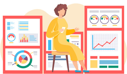 Fototapete - Businesswoman analyzes graphs and charts on the background. The marketer studies information about the metrics. The girl sits with paper. Statistical analyzes of financial work in the office
