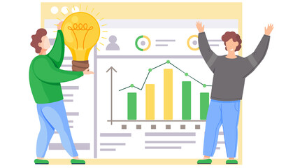Fototapete - Man happily raises his hands up. Boy holding a light bulb. Male characters communicate and spend time together. Work with statistics indicators and data analysis. Guy studies the scheme and rejoices