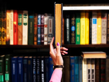 Cropped Hand Removing Book From Shelf At Library
