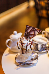 A very tasty ice cream and a cup of tea served in Gdansk, Poland