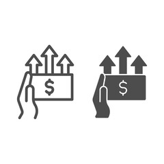 Poster - Hand and dollar with upward arrows line and solid icon, Black Friday concept, rising dollar in palm sign on white background, Money Growth icon in outline style for mobile and web. Vector graphics.