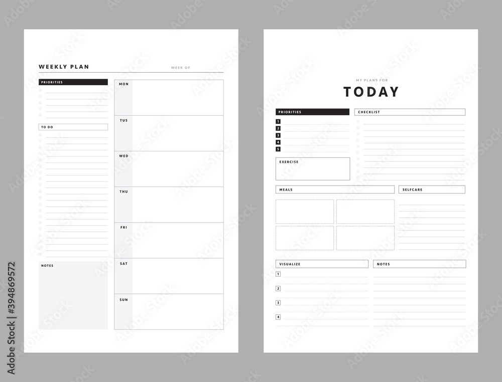 2 Set of minimalist planners. Today and weekly planner template. Clear and simple printable to do list. Business organizer page. Paper sheet. Realistic vector illustration. - obrazy, fototapety, plakaty 