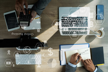 Poster - Businessman  online banking and payment network connection phone Finance and banking application online payment.