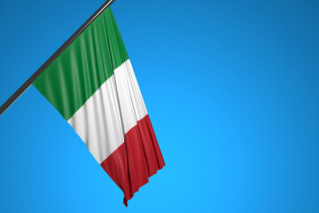 Wall Mural - 3D illustration of the national flag of Italy on a metal flagpole fluttering against the blue sky.Country symbol.