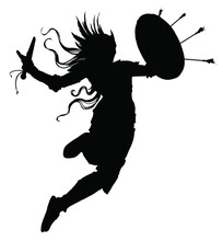 Silhouette Of A Valkyrie Rushing Into Battle, In An Epic Leap With A Sword And Shield In Which Arrows Stick Out, Wearing A Helmet With Wings, Armor, Her Hair Fluttering In The Wind. 2D Illustration