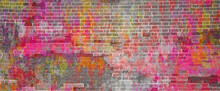 Banner Multicolored Brick Wall. Bright Pink Yellow And White Paint On Brick Texture.