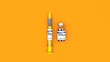 A syringe and bottle of COVID-19 vaccine on yellow background. 3d illustration