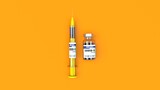 Fototapeta Dmuchawce - A syringe and bottle of COVID-19 vaccine on yellow background. 3d illustration
