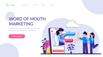 Word of mouth marketing concept. Customer oriented marketing strategy. Relationship marketing, referral program, recommendation, brand loyalty, social media. Modern flat illustration.