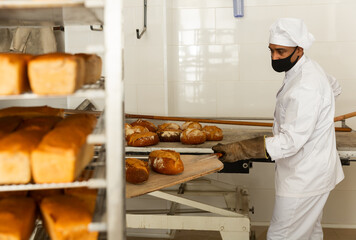 Wall Mural - Baker of small bakery in face mask for viral protection holding hot bread on shovel just from oven