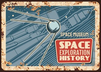 Poster - Space museum vector rusty metal plate. Rocket carry shuttle on board, satellite flying up to stars. Vintage rust tin sign of outer cosmos and galaxy exploration history, universe explore retro poster