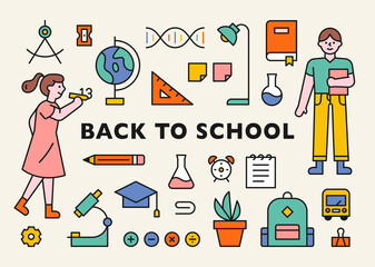 Poster - Student character and school supplies icon collection. flat design style minimal vector illustration.
