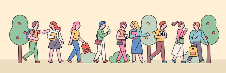 Poster - Students going to school. Horizontal banner concept. flat design style minimal vector illustration.