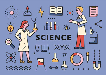 Wall Mural - Male and female scientist characters and scientific equipment icons collection. flat design style minimal vector illustration.