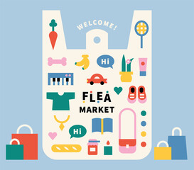 Poster - Flea market poster. Used items and local food in poly bags. flat design style minimal vector illustration.