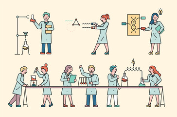 Wall Mural - cute scientists doing experiments in the lab. flat design style minimal vector illustration.