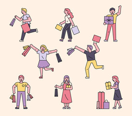 Wall Mural - collection of people characters holding shopping bags and gift boxes. flat design style minimal vect